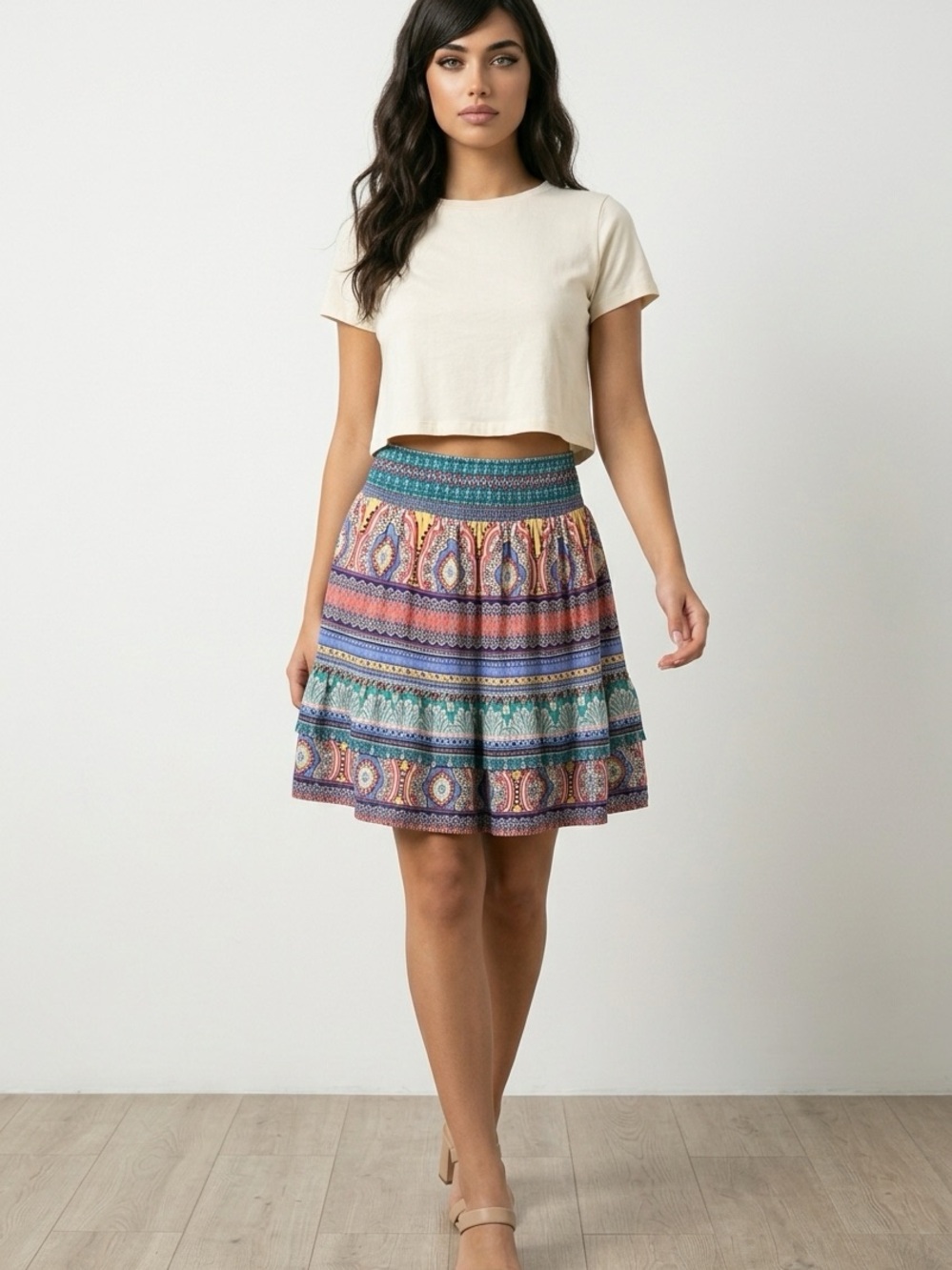 C&C California Multicolor Boho-Print Smocked Waist Skater Skirt